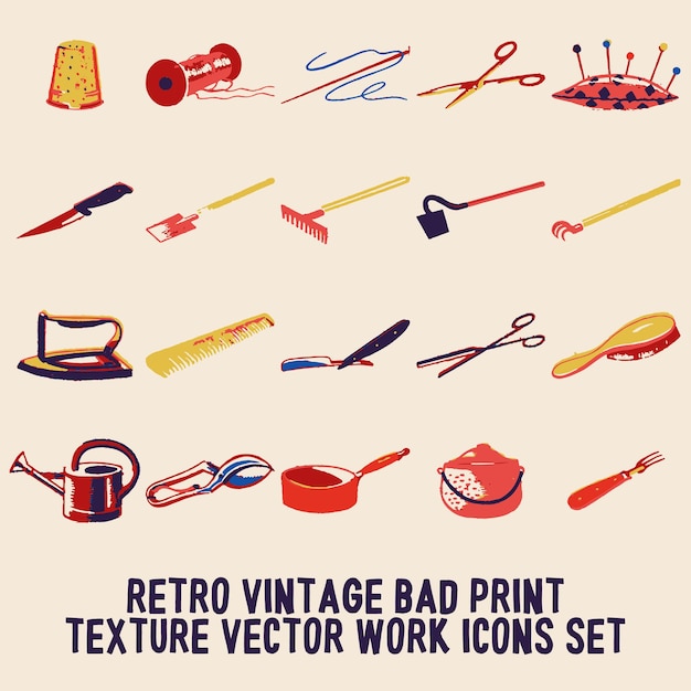 Conjunto de iconos de trabajo de elementos gráficos de ilustraciones vectoriales de textura de mala impresión vintage retro