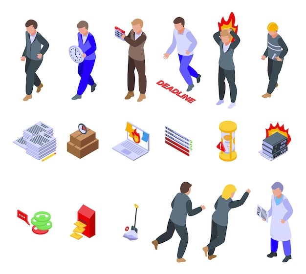 Conjunto de iconos de trabajo urgente. Conjunto isométrico de iconos de vector de trabajo urgente para diseño web aislado sobre fondo blanco