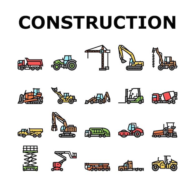 Conjunto de iconos de tractor de vehículo de construcción vector