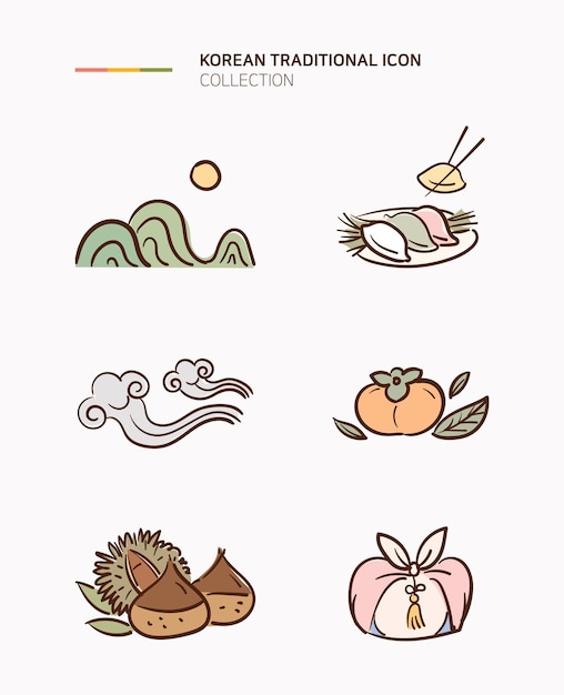 Vector conjunto de iconos tradicionales de chuseok de vacaciones coreanas