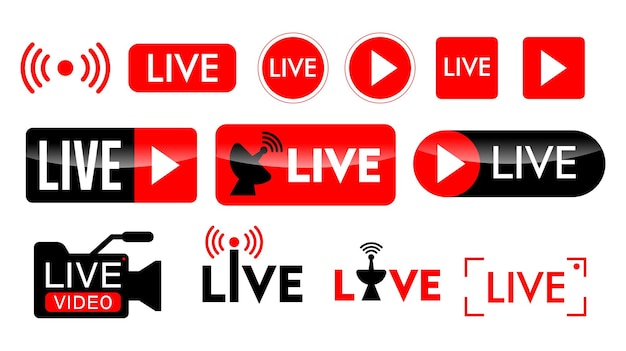 Conjunto de iconos de transmisión en vivo o conceptos de transmisión en vivo en línea en un diseño de estilo plano