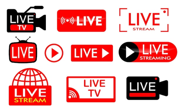 Conjunto de iconos de transmisión en vivo o conceptos de transmisión en vivo en línea en un diseño de estilo plano