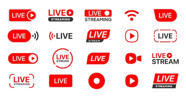 Conjunto de iconos de transmisión en vivo. símbolo de transmisión de video. regístrate para tv, noticias, películas, espectáculos, en línea.