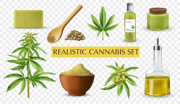 Conjunto de iconos transparentes de cannabis realista aceite y harina de cosméticos de plantas de jabón en la ilustración de vector de fondo transparente