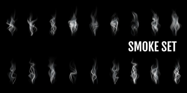 Conjunto de iconos transparentes de humo realista objeto abstracto blanco humo de cigarrillo vapor de café par ejemplo ilustración vectorial