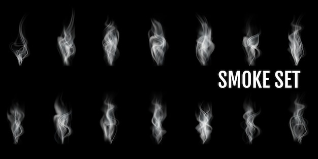Conjunto de iconos transparentes de humo realista objeto abstracto blanco humo de cigarrillo vapor de café par ejemplo ilustración