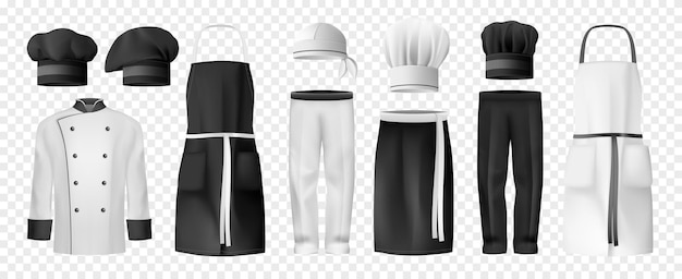 Vector conjunto de iconos transparentes de ropa culinaria realista túnica en blanco y negro sombreros chef delantales pantalones ilustración vectorial