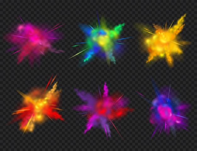 Vector conjunto de iconos transparentes de salpicaduras de colores realistas con seis salpicaduras de polvo en la ilustración de vector de fondo oscuro