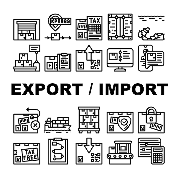 Conjunto de iconos de transporte de exportación e importación Documentos y envío de mercancías de exportación e importación de vectores Barco de contenedores hundidos y servicios de logística Número de seguimiento e ilustraciones de contorno negro de impuestos