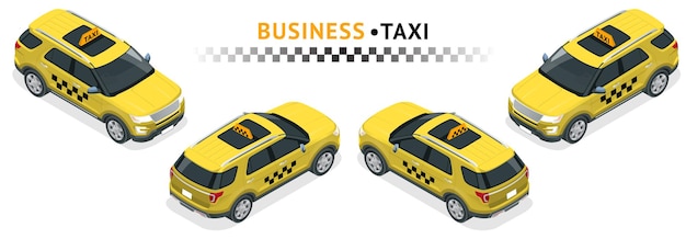 Vector conjunto de iconos de transporte de servicio urbano isométrico de alta calidad. taxi coche. camión todoterreno. cree su propia colección de infografía web mundial. conjunto del taxi isométrico con vistas frontal y trasera.