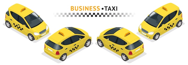 Vector conjunto de iconos de transporte de servicio urbano isométrico de alta calidad. taxi coche. mini coche compacto. cree su propia colección de infografía web mundial. conjunto del taxi isométrico con vistas frontal y trasera.