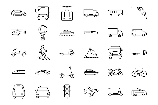 Conjunto de iconos de transporte y vehículos Arte de línea Símbolos vectoriales de viajes Transporte público y logística