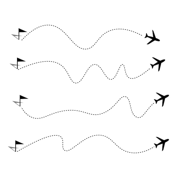 Conjunto de iconos de trayectoria de vuelo con diseño vectorial de ruta de viaje de avión y bandera de destino