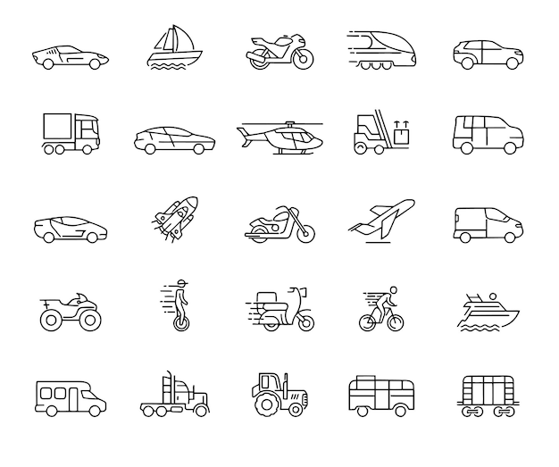 Conjunto de iconos de trazo editable para transporte aéreo, bicicletas, autobuses y camiones