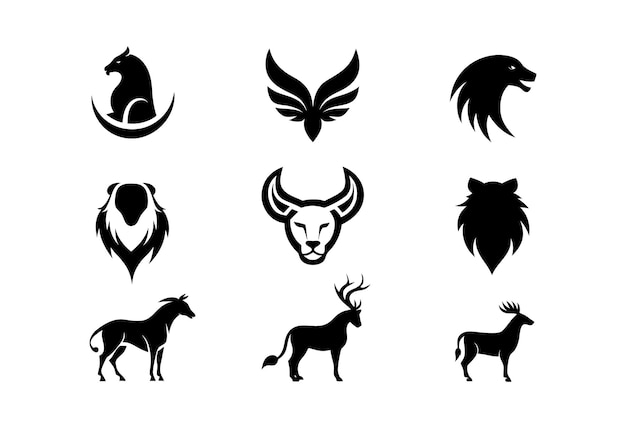 Conjunto de iconos tribales vectoriales con siluetas de cabezas de animales salvajes