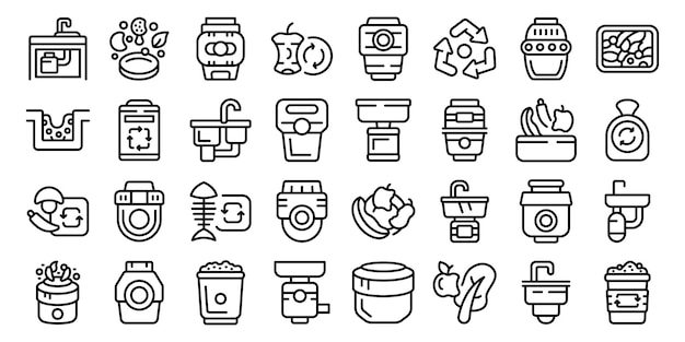 Conjunto de iconos de triturador de residuos de alimentos vector de contorno Fregadero de basura