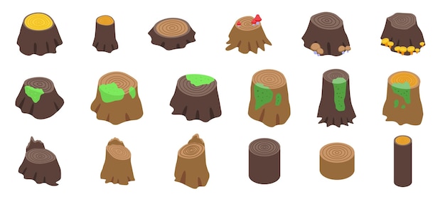 Conjunto de iconos de troncos de bosque vector isométrico tronco de corte de árboles