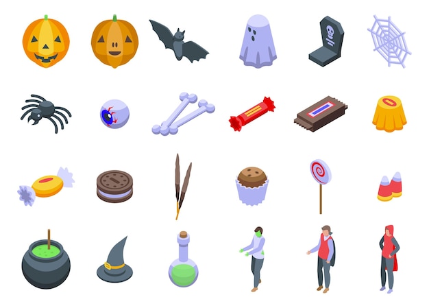 Conjunto de iconos de trucoortreat vector isométrico disfraz de fiesta feliz