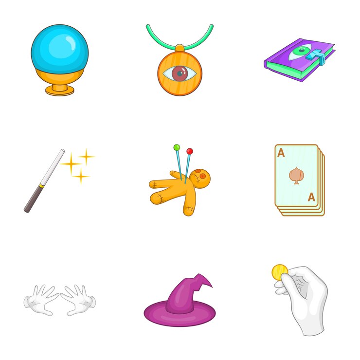Vector conjunto de iconos de trucos, estilo de dibujos animados