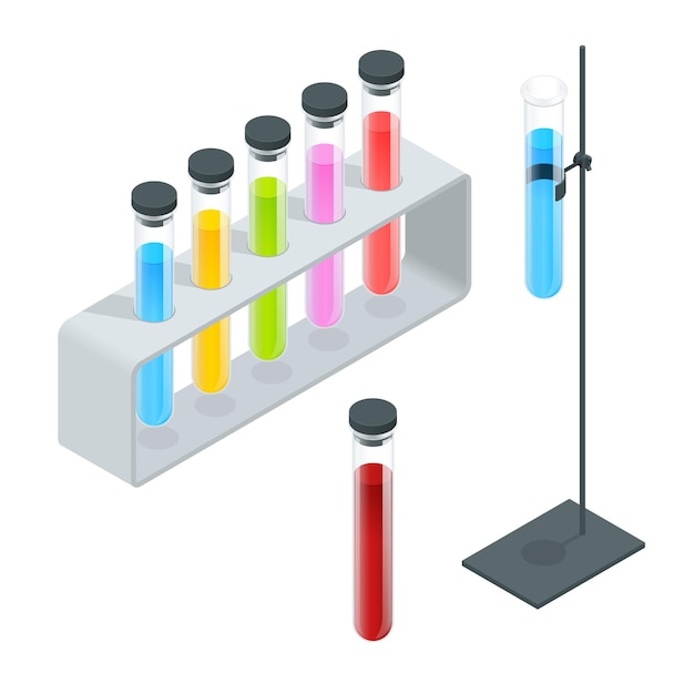 Conjunto de iconos de tubo de ensayo químico. Matraz Erlenmeyer, matraz de destilación, matraz volumétrico, tubo de ensayo. Equipo de laboratorio químico aislado. Frascos de experimento para experimentos científicos. Vector 3d isométrico.