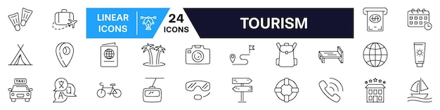 Conjunto de íconos de turismo Conjunto lineal de iconos de turismo y viajes