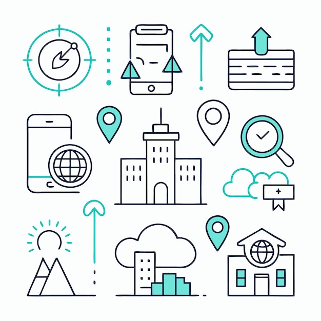 Conjunto de iconos para la ubicación y el crecimiento del marketing empresarial