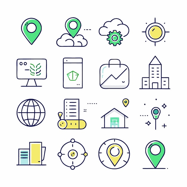 Conjunto de iconos de ubicación que incluyen un alfiler, una nube y una casa