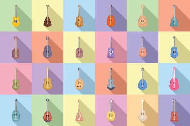 Conjunto de iconos de ukelele vector plano Banda acústica Música de audio