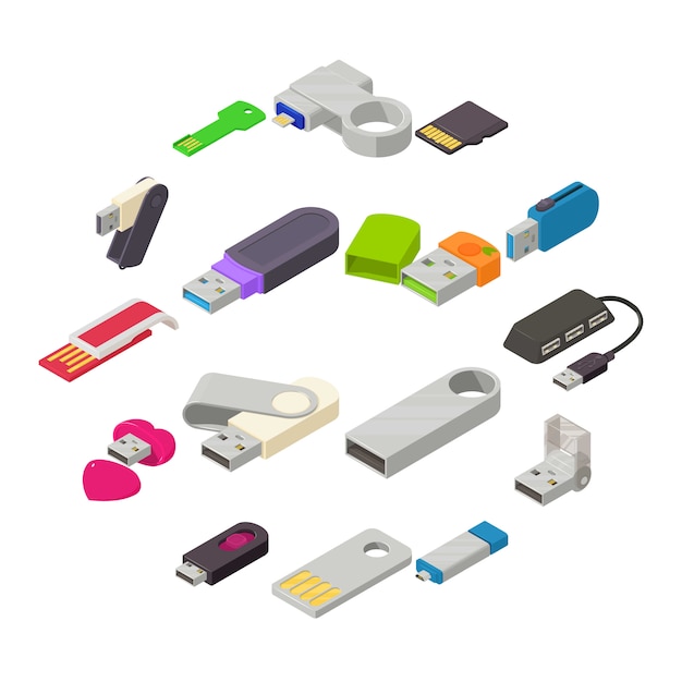 Conjunto de iconos de unidad flash usb, estilo isométrico