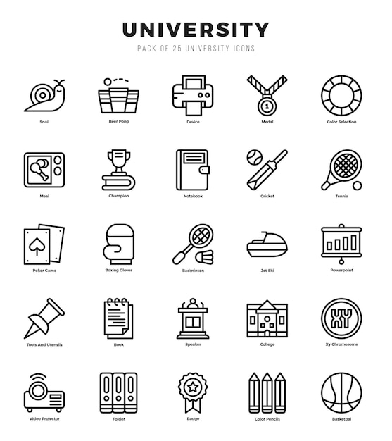 Conjunto de iconos universitarios paquete de iconos de estilo de arte de línea simple