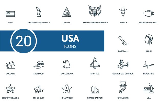 Vector el conjunto de iconos de usa contiene iconos editables del tema de usa, como el