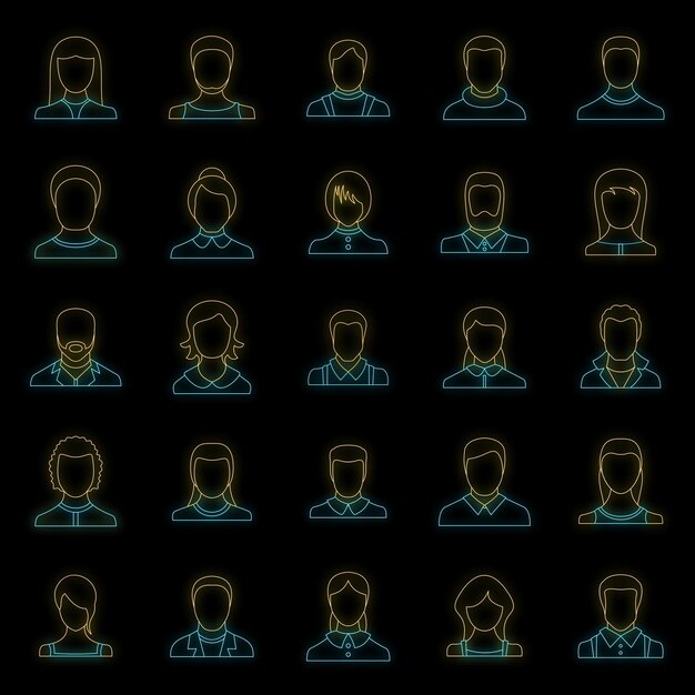 Conjunto de iconos de usuario de avatar Ilustración general de 25 iconos vectoriales de usuario de avatar color neón en negro