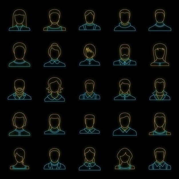 Vector conjunto de iconos de usuario de avatar ilustración general de 25 iconos vectoriales de usuario de avatar color neón en negro