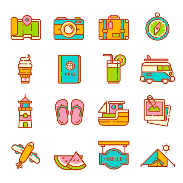 Conjunto de iconos de vacaciones vector colorido