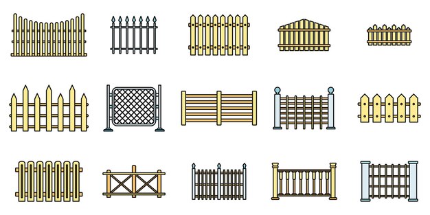 Vector conjunto de iconos de valla de jardín conjunto general de iconos vectoriales de vallas de jardín color de línea delgada plano en blanco