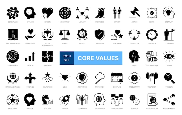Conjunto de iconos valores centrales 49 imágenes vectoriales con trazo editable Incluye tales cualidades