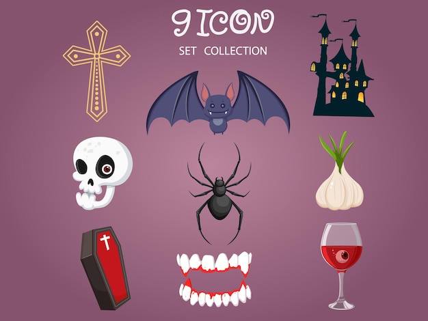 Vector conjunto de iconos de vampiros de halloween concepto de colección elementos del día de halloween de dibujos animados ilustración vectorial para vacaciones