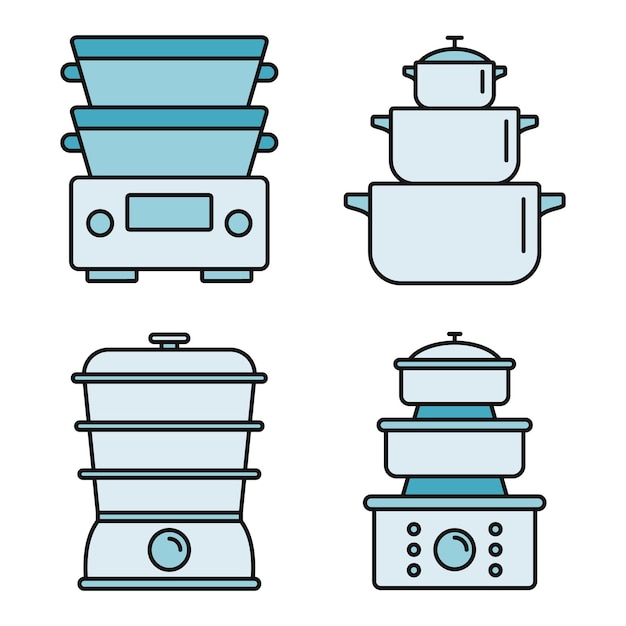 Conjunto de iconos de vapor de cocina Conjunto de iconos vectoriales de vapor de cocina de línea delgada de color plano en blanco