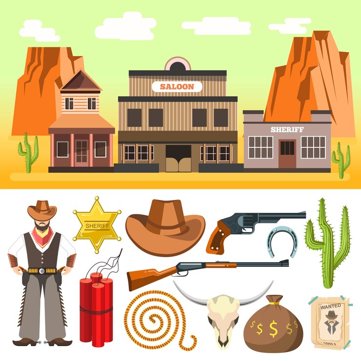 Vector conjunto de iconos de vaquero y escena del salvaje oeste con dinamita cráneo y ho