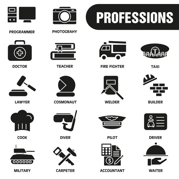 Conjunto de iconos de varias profesiones Profesiones y carrera Conjunto completo de oscuridad