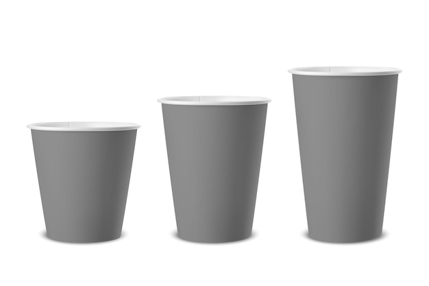 Vector conjunto de iconos de vaso desechable de papel gris 3d realista primer plano aislado en blanco