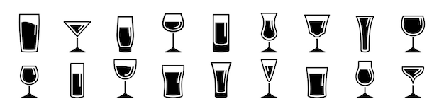 Conjunto de íconos de vasos de bebidas Íconos de cócteles Silueta de vidrio