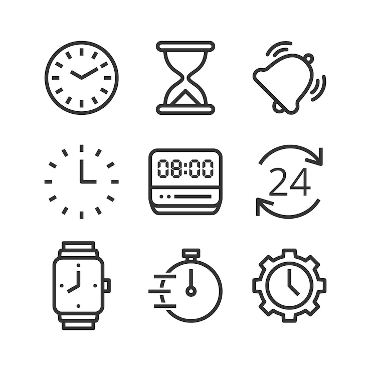 Conjunto de iconos de vector aislado de tiempo y reloj