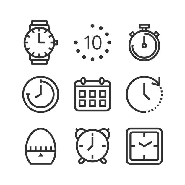 Conjunto de iconos de vector aislado de tiempo y reloj