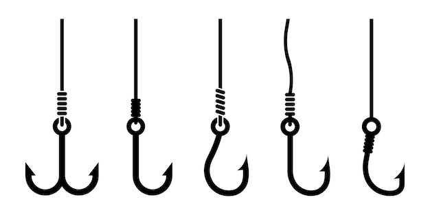 Conjunto de iconos de vector de anzuelo de pesca. Equipo de pesca. Línea de pesca negra.