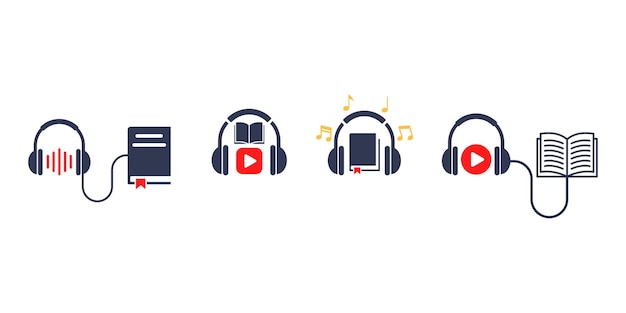 Conjunto de iconos de vector de audiolibro Audiolibro y auriculares Escuchar libro Biblioteca en línea