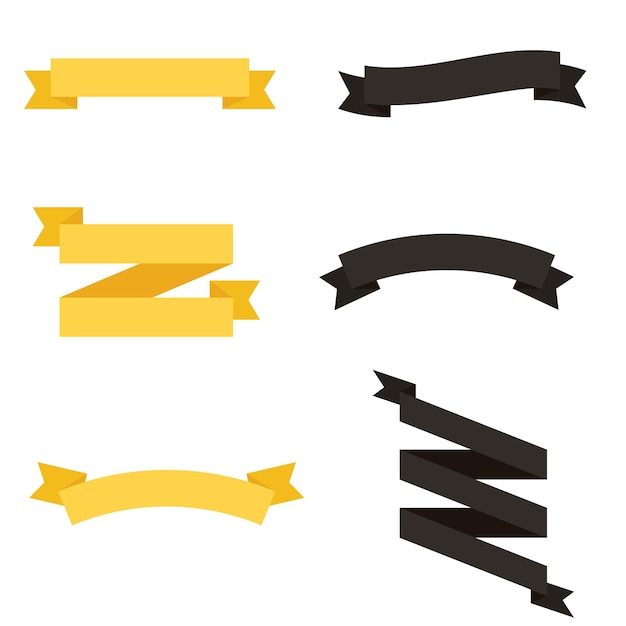 Conjunto de iconos de vector de banner de cintas planas color dorado y negro sobre fondo blanco