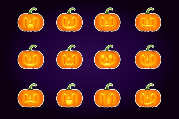 Conjunto de iconos de vector de calabaza de Halloween, variación de emoción, emoji. Elementos de diseño de estilo plano simple. Diferentes expresiones faciales divertidas y de terror.