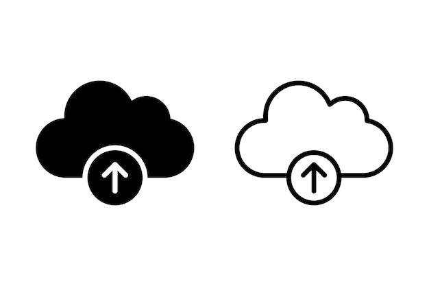 Conjunto de iconos de vector de carga en la nube o icono de carga en las nubes con contornos y estilo sólido