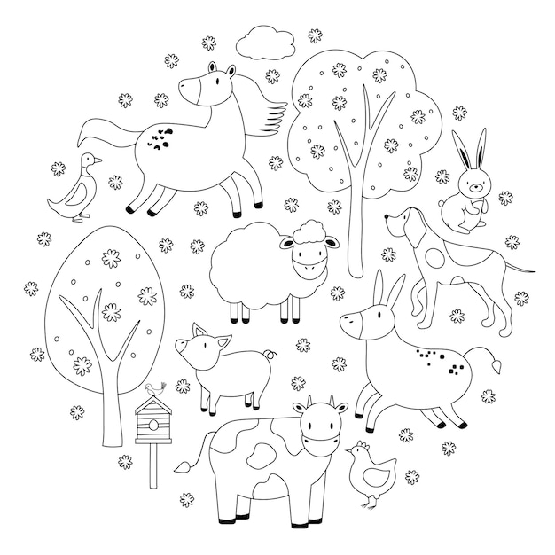 Conjunto de iconos de vector circular grande de animales rurales en estilo lineal para presentaciones de logotipos y los iconos web están aislados en fondo blanco EPS